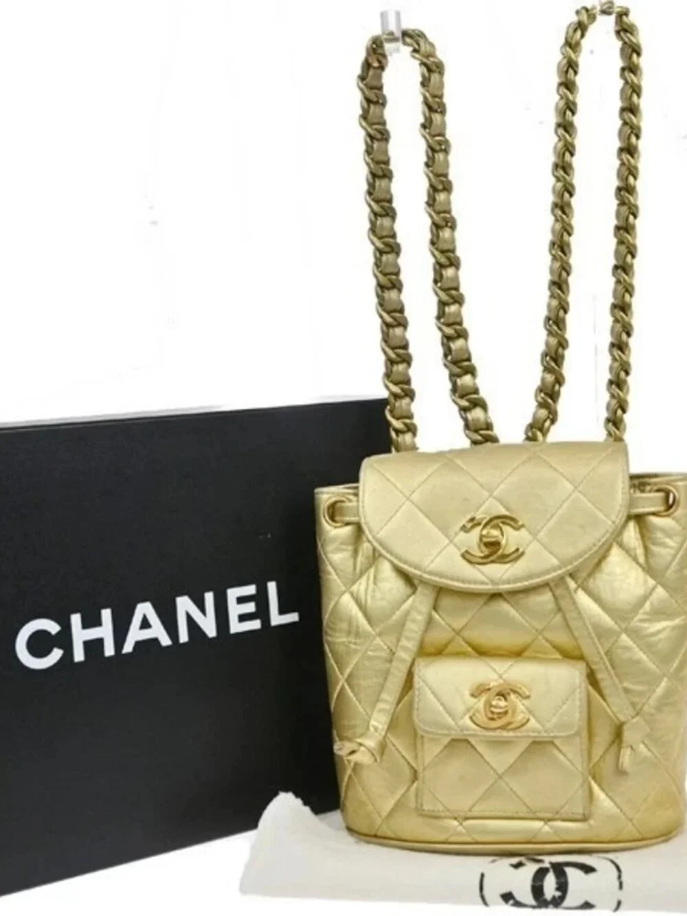 CHANEL CC Logo Duma Matelasse Chain Backpack Bag Leather Gold Vintage